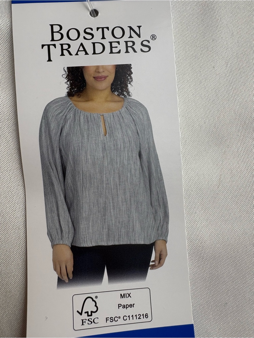 Boston Traders Gray Peasant Blouse with Keyhole Neck
